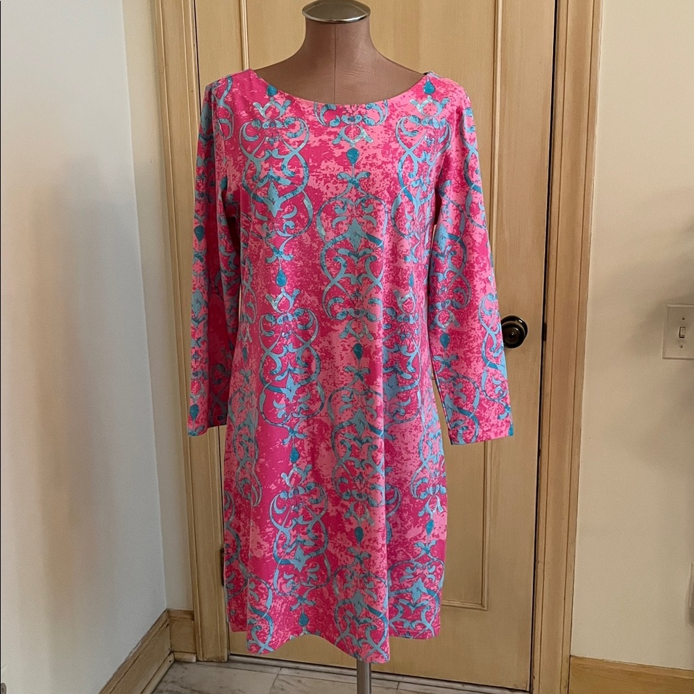 ANA CLARE Preppy Resort Beach Pink/Turquoise Print Bateau Bracelet SLV Dress L